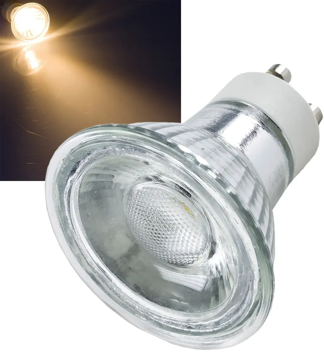 LED Strahler GU10 “Glass-5W” warmweiß 38°, 230V, 4,8W, 484lm, 2989k LED Strahler GU10 “Glass-5W” warmweiß 38°, 230V, 4,8W, 484lm, 2989k