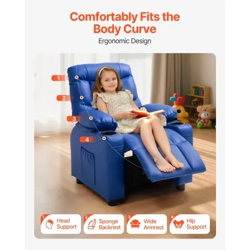VEVOR Kindersofa mit Getränkehaltern und Seitentaschen, Kindersessel mit 107° bis 126° Verstellbarer Rückenlehne & Fußstütze, Liegesessel aus PU-Leder mit Fußstütze, Geeignet für Kinder (Blau) – Bild 5