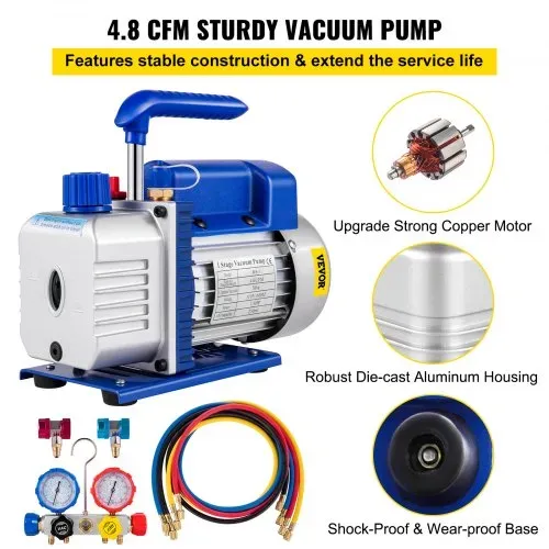 VEVOR Vakuumpumpe für Klimaanlagen, 136 l/min, Vakuumpumpe für Kältetechnik HVAC 1/3 HP mit 4-Wege-Manometer-Kit und Schlauch 1440 U/min Tragetasche für Autoklimaanlagen Kältetechnik – Bild 2