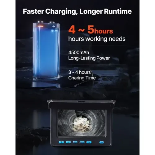 VEVOR Rohrkamera, 20 m Reichweite, 720x480 Kanalkamera, IP68 wasserdichte Rohrinspektionskamera mit 6 einstellbare LEDs, 4500-mAh-Akku & 16-GB-Speicherkarte für Abwasserleitungen & -rohre – Bild 4