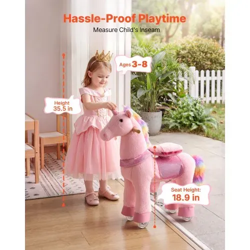 VEVOR Reitpferd auf Rollen 80cm, 50kg Belastbares Stehpferd mit Soundfunktion, Spielpferd mit Erhöhtem Sitz Griffen Pedalen, Rosa Einhorn mit Regenbogenmähne zum Reiten für Kinder Mädchen 3-8 Jahren – Bild 2