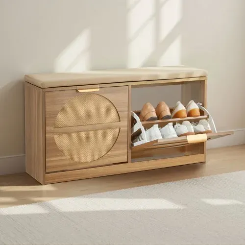 VEVOR Schuhbank mit 2 Klappen 200kg Schuhkipper Schuhkommode 980x240x515mm, für Flur Wohnzimmer Schlafzimmer, MDF-Schuhschrank mit 2 Flip-Schubladen, Gepolstertem Sitzkissen, Rattanoptik Naturholzfarbe – Bild 7