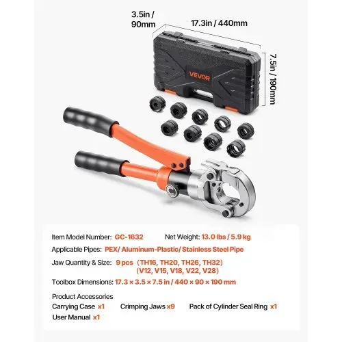 VEVOR Presszange Hydraulik, multifunktionales Presswerkzeug mit TH16 TH20 TH26 TH32 Backen, Crimpzange für PEX- & Aluminium-Kunststoff-Rohre sowie V12 V15 V18 V22 V28 Backen für Edelstahlrohre – Bild 6