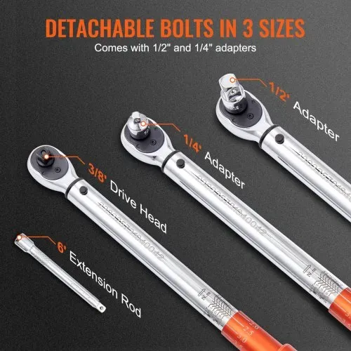 VEVOR Drehmomentschlüssel 3/8", 14–110Nm Drehmomentschlüssel Fahrrad & Motorrad Set, ± 3% Fehlergenauigkeit mit 2 Verlängerungsstangen 152,4mm, 3/8-1/2" & 3/8- 1/4" Adapter, 72 Zähne Einstellbar – Bild 4