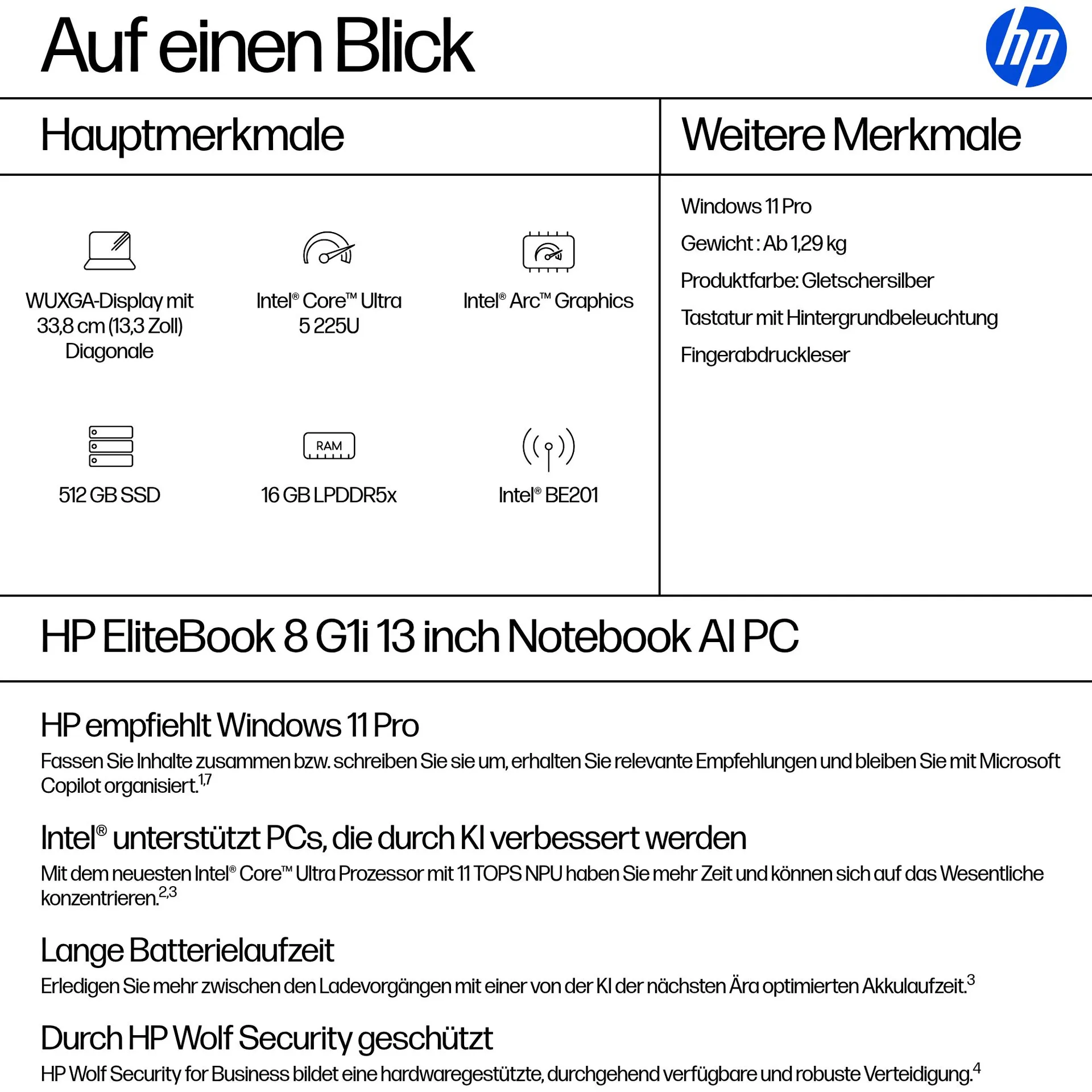 HP EliteBook 8 G1i AI PC Intel Core Ultra 5 225U Laptop 33,8 cm (13.3") WUXGA 16 GB LPDDR5x-SDRAM 512 GB SSD Wi-Fi 7 (802.11be) Windows 11 Pro Silber – Bild 4