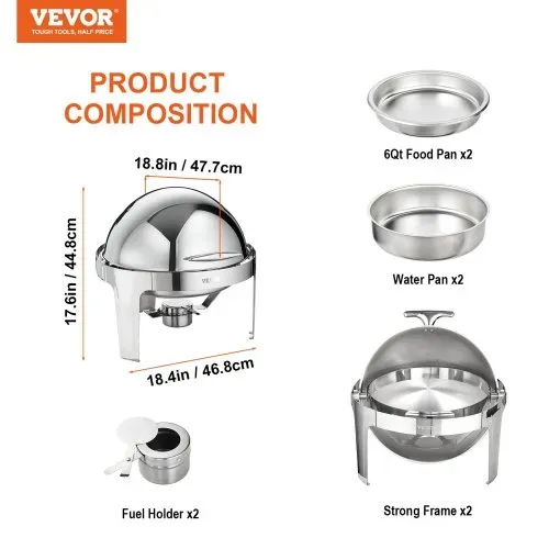 VEVOR 2-teiliger Speisenwärmer Wärmebehälter Chafing-Dish-Set Rolldeckel 5,5 L x 2, Rund Edelstahl Wärmebehälter Buffet Set inkl. Kraftstoffhalter & Esszange, für Restaurants, Buffets, Schulen usw. – Bild 6