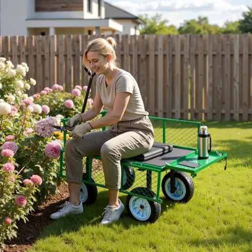 VEVOR Bollerwagen 226,8 kg Tragkraft, Gartenwagen mit Sitz & PU-Rädern, Transportwagen mit Werkzeugablage & Verstellbarem Griff, Gerätewagen für Rasen, Terrasse, Garten & Grünflächen, – Bild 7