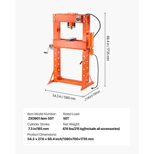 VEVOR hydraulische Werkstattpresse 20 t (H-Rahmen) mit Pressplatte, einstellbare Hydraulikpresse (Max. Zylinder 185 mm) mit Dreieckstütze, geeignet zum Biegen & Richten & Stanzen Orange – Bild 6