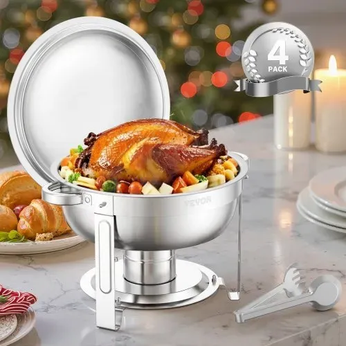 VEVOR Chafing Dish Buffet Speisenwärmer mit 4 Behältern in voller Größe (4,7 L pro), runder Catering-Wärmespender mit Deckel & Wasserpfanne & klappbarer Ständer, für Hochzeiten Partys Silber – Bild 7