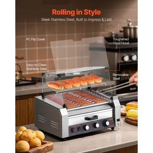 VEVOR Hot Dog Grill Maschine 30 Hot dogs 11 Rollen Edelstahl, 2400 W, Elektrogrill mit Brötchenwärmer & Abdeckung (Glas + PC) & 3 Temperaturregler & seitlicher Aufbewahrungsbox & Ölauffangschale – Bild 3