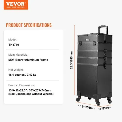VEVOR Kosmetikkoffer mit wärmeisolierender Schicht Make Up Tasche aus MDF-Platte + Aluminiumrahmen robust und verschleißfest Schminkkoffer Schminktasche Kosmetikbeutel Make-up-Organizer 353x253x745mm – Bild 6