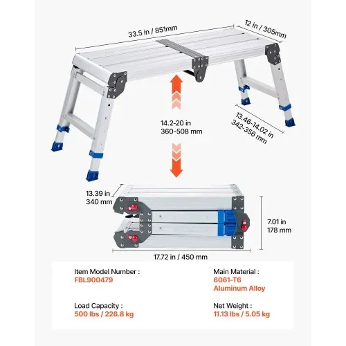 VEVOR Arbeitsplattform 851x305mm, Klappbare Arbeitsbühne aus Alu mit 226,8kg Tragkraft, 360-508mm Höhenverstellbare Laufbühne mit Sicherheitsverriegelung, Tragbare Stufenleiter für Haus Werkstatt – Bild 6