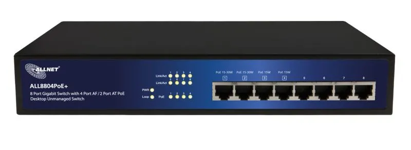 ALLNET Switch unmanaged 8 Port Gigabit 63W / 4x PoE+ / 4x LAN / Lüfterlos /19″ / „ALL8804PoE+“ ALLNET Switch unmanaged 8 Port Gigabit 63W / 4x PoE+ / 4x LAN / Lüfterlos /19″ / „ALL8804PoE+“