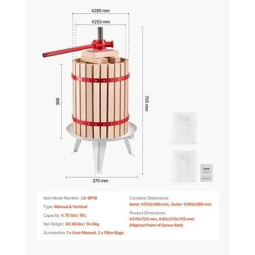 VEVOR Obstweinpresse Obstmühle (18 L) mit Massivholzkorb mit 8 Blöcken, robuster manueller Entsafter, Apfelweinpresse Apfelpresse Traubenpresse Olivenölpresse mit Griff, Saftpresse für Küche – Bild 6
