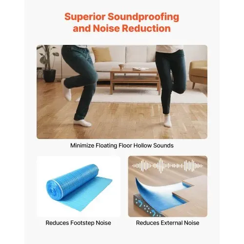 VEVOR Trittschalldämmung, 18,6 m²/Rolle, 3-in-1 3 mm dicke Dämmungunterlage mit Klebeband & Dampfsperre, EPE-Schaum mit blauem PE, Schalldämmung & Geräuschreduzierung, für Laminat-Holzböden – Bild 3