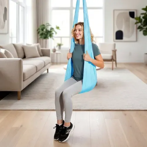 VEVOR Aerial Yoga Hängematte, max. Tragkraft 136,07 kg, Yoga-Schaukel mit Nylongewebe & Daisy Rope & PE-Reißverschlusstasche, Gymnastikschaukeln Doppelfunktion Anti-Gravity-Übungen Blau – Bild 7