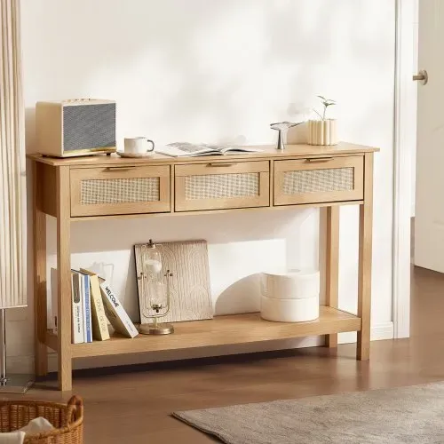 VEVOR Rattan-Konsolentisch mit 3 Schubladen, Rattan-Eingangstisch mit natürlicher Rattan-Schiebetür, Konsolen-Sofatisch für Wohnzimmer, Arbeitszimmer, Eingangsbereich oder Fernsehwand, Natur – Bild 7