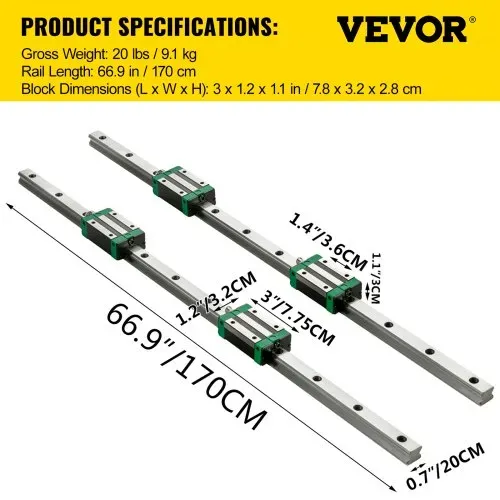 VEVOR Linearführung HSR 20 Serie Linearschienen, 1700 mm Länge Linearwelle CNC Linearführung mit 4 HSR 20 UU Lagerblöcken, Linear Führungsschiene für CNC-Maschine, Drehmaschinen, Linearführungsschiene – Bild 6