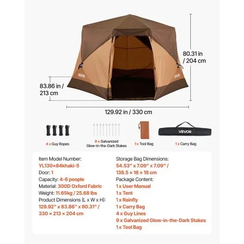 VEVOR Campingzelt 6 Personen, Pop-Up-Zelt mit Regenschutz & Netzfenstern, Schnellaufbau in 60 Sekunden, Tragbares Zelt mit Tragetasche für Familien-Camping & Wanderungen, 330x213x204 cm – Bild 6
