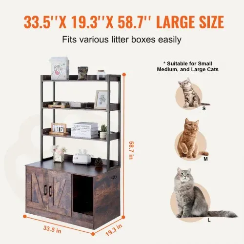 VEVOR Katzentoilettengehäuse, verstecktes Katzentoilettenmöbel mit 3 Ablageflächen, Katzentoilette aus Holz für den Innenbereich, großes Katzenhaus-Schrank, versteckt, passend für die meisten Katzentoiletten, 85,1 cm L x 49,9 cm B x 148,9 cm H, Dunkelbraun – Bild 2