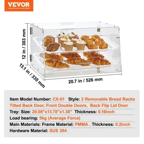 VEVOR 2-stöckige Gebäck-Vitrine, Kommerzielle Tabletts 510 x 350 x 35 mm, Bäckerei-Vitrine, Acryl-Vitrine mit Zugang zur Hintertür und abnehmbaren Regalen, für Donut-Bagels, Kuchen, Kekse usw. – Bild 6