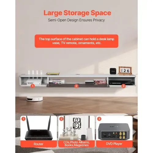 VEVOR TV Schrank hängend Wandhalterung, Fernsehschrank mit Kabelloch, schwebendes TV-Regal mit Stauraum für DVD-Player Kabelbox Spielekonsole, Hängeschrank 52 kg belastbar Weiß 180 cm Länge – Bild 3