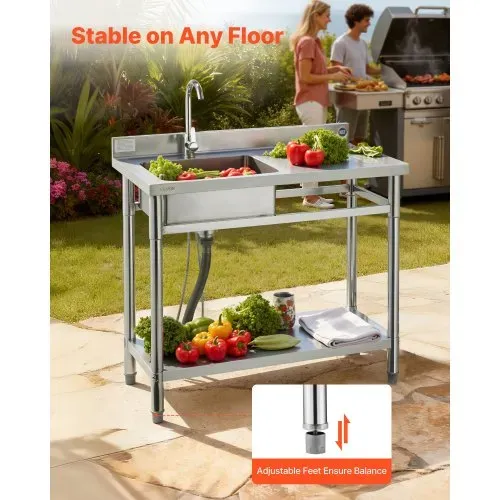 VEVOR Spültisch Spülbecken Edelstahl (100 x 50 x 94 cm), Einzelbecken mit Wasserhahn & Ablage, Küchenspüle für Garage Restaurant Wäscherei, Waschtisch Außenspüle mit Arbeitsplatte (recht) – Bild 5