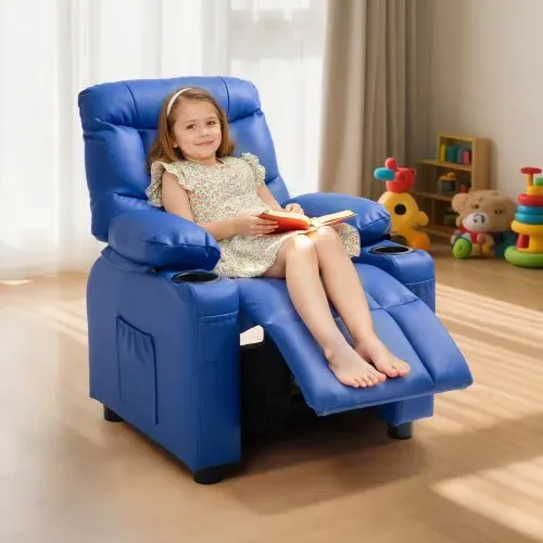 VEVOR Kindersofa mit Getränkehaltern und Seitentaschen, Kindersessel mit 107° bis 126° Verstellbarer Rückenlehne & Fußstütze, Liegesessel aus PU-Leder mit Fußstütze, Geeignet für Kinder (Blau) – Bild 7
