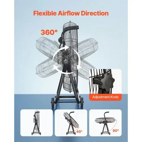 VEVOR Bodenventilator Ø609,6mm, Windmaschine 360° Neigbar, Standventilator mit 3 Geschwindigkeitsstufen, Trommelventilator Tragbar mit Griff Rollen & 1,6m Kabel, Industrie-Ventilator für Garage Lager – Bild 4