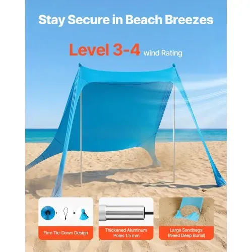 VEVOR Strandzelt mit Sonnenschutz (UPF 50+) 2,3 x 2,3 x 2 m Grundfläche, Strandmuschel mit Stützstangen & Sandschaufeln, Tragbares Sonnensegel für Familienausflüge Camping Angeln Blau – Bild 3
