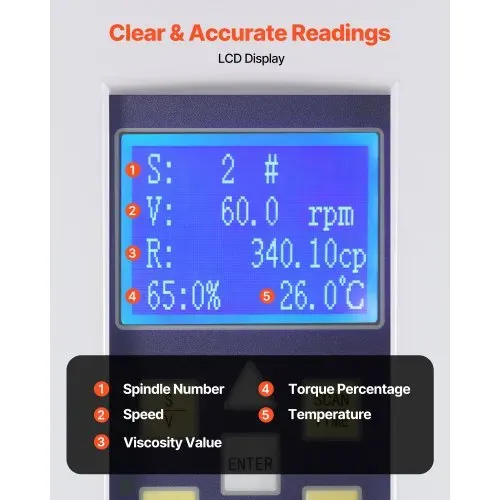 VEVOR Digitalanzeige Rotationsviskosimeter 10-100000 cP, Digitales Viskositätsmessgerät ±2% Genauigkeit Inkl. 4 Retoren LCD-Display Temperaturfühler, Drehviscometer für Tinten Farben Klebstoffe Fette – Bild 3