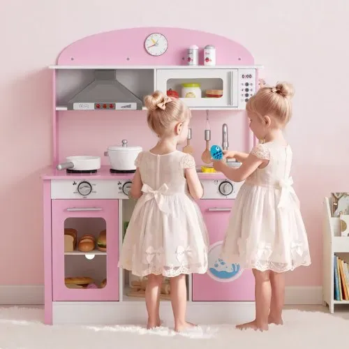 VEVOR Spielküche für Kinder, Kinderküche aus Holz mit Licht & Sound, Holzküche mit Herd Backofen Spüle Mikrowelle Dunstabzug & Geschirrspüler, Küchenspielzeug mit Kochset für Kinder ab 3 Jahren, Rosa – Bild 7
