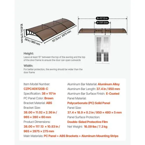VEVOR Vordach für Haustür 965x2975 mm, Pultbogenvordach, Pultvordach mit Entwässerung & ABS-Halterung, Regen-, Schnee- & Sonnenschutz, Polycarbonat-Türüberdachung für Veranda & Terrasse, Braun – Bild 6