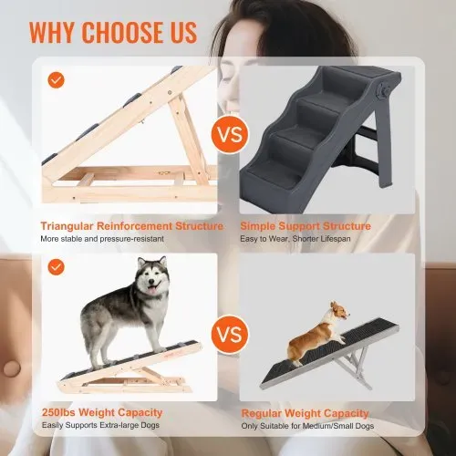 VEVOR Hunderampe 1m lang Hundetreppe mit 6 Querstangen Hundeautorampe aus Kiefernholz Gummi Hundeeinstiegshilfe 6-stufige Höheneinstellungen Tierrampe ca. 113kg Tragfähigkeit für große kleine Hunde – Bild 2