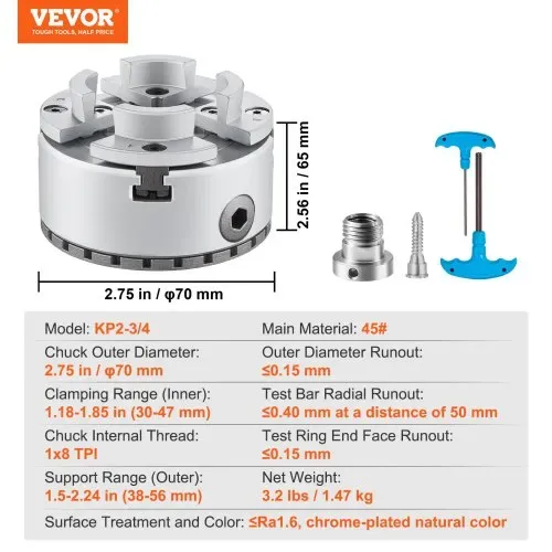 VEVOR KP2-3/4 Drehbankfutter 4-Backen φ70mm Backenfutter aus 45# Klemmbereich 30–47mm Spannfutter-Innengewinde 1x8 TPI Drehbank Ausrichtungsgenauigkeit ≤0,3mm Drechselfutter Drehmaschinenfutter – Bild 6