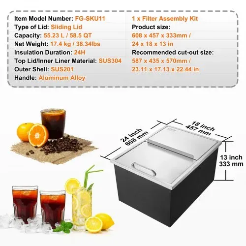 VEVOR 55,23 L Drop-in-Eisbox, 608 x 457 x 333 mm Edelstahl-Eiskühler, Kommerzieller Eisbehälter mit Schiebedeckel, Eingebaute Eisspeichertruhe, Abflussrohr & Ablassstopfen im Lieferumfang Enthalten – Bild 6