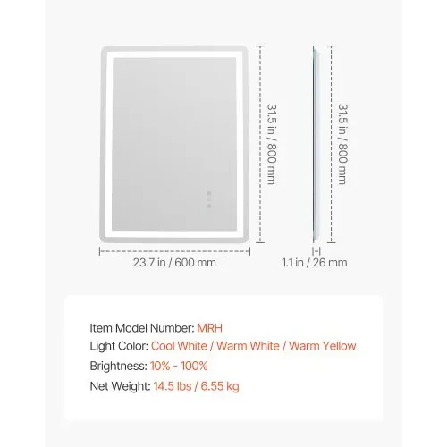 VEVOR LED-Badezimmerspiegel Kosmetikspiegel (60 x 80 cm) mit Front- und Hintergrundbeleuchtung, beschlagfreier Spiegel, stufenlos dimmbarer Badezimmerspiegel mit 3 Farbtemperaturen, Wandmontage – Bild 6