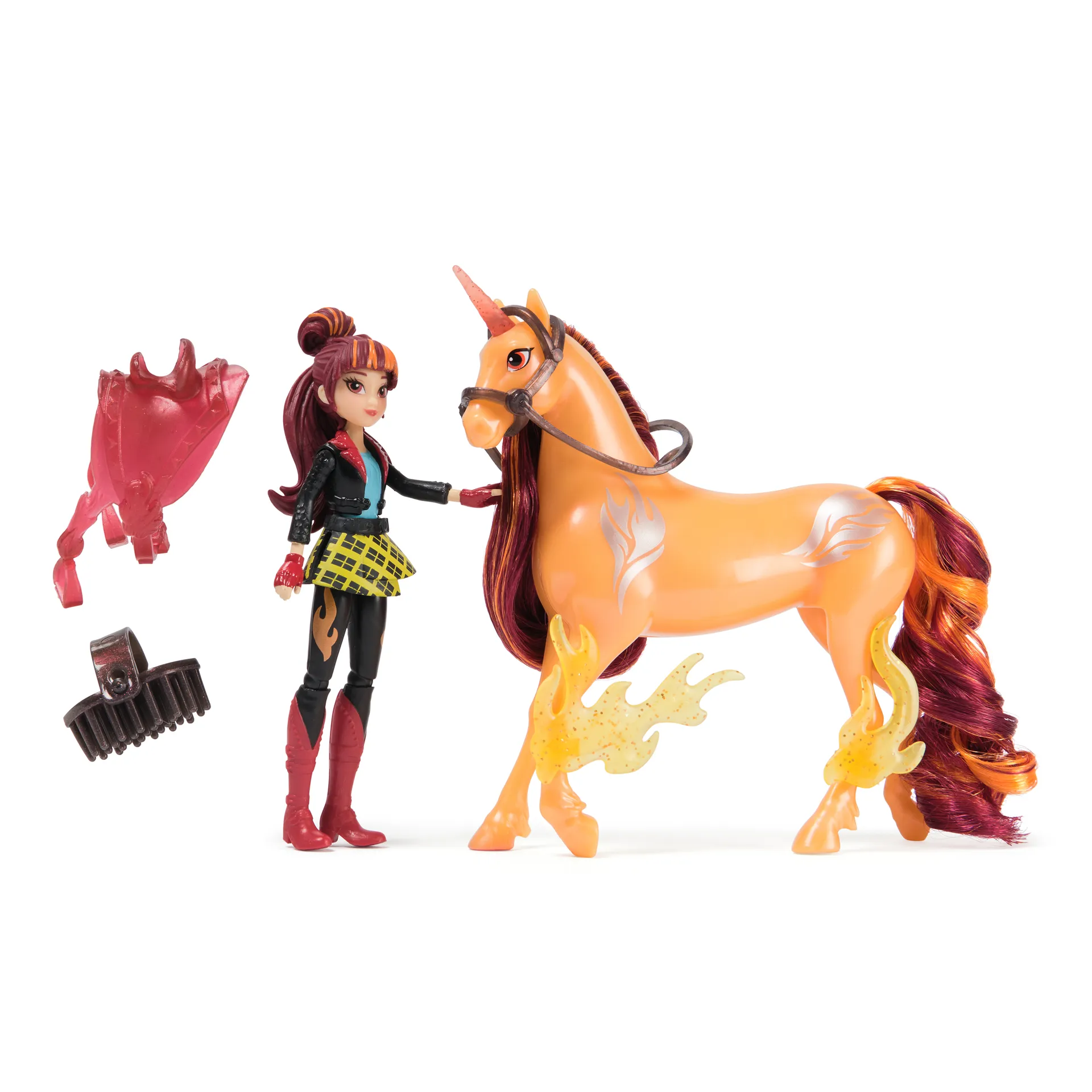 Unicorn Academy - Valentina und Einhorn Cinder Set, ca. 12 cm Originalfiguren zur Netflix Serie mit abnehmbarem Sattel, Mähnen- und Schweifbürste und Zubehör, für Kinder ab 4 Jahren – Bild 2