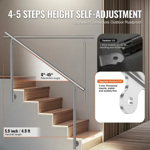 VEVOR Handläufe für Außentreppen, 150 cm langes Treppengeländer-Set, Übergangsgeländer aus Edelstahl mit Montagesatz, doppelsäulige Treppenhandläufe für Senioren, Veranda und Terrasse, seitliche Montage – Bild 2