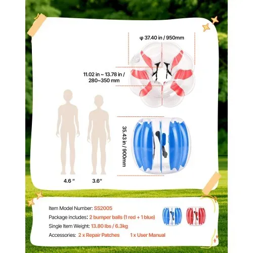 VEVOR 2 x Aufblasbare Bumper Sumo Bälle 0,9 m für Kinder Blau Rot Stoßball für Garten, Camping, Picknick, Rasen & Outdoor, 0,4 mm Starkes PVC, Heißverschweißte Griffe & Stabil Sitzende Schultergurte – Bild 6