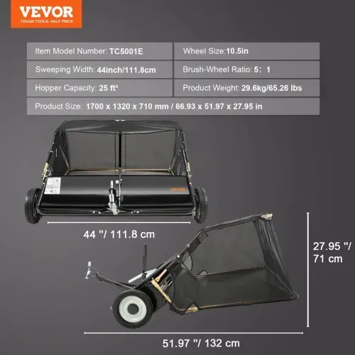 VEVOR Rasenkehrmaschine mit 111,8 cm Kehrbreite, Rasenkehrer für Aufsitzmäher, 0,7 m³ großer Laub- & Grassammler, Laubkehrmaschine mit einstellbarer Kehrhöhe für Hof, Rasen, Bauernhof – Bild 6