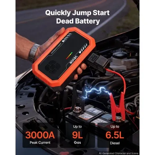 VEVOR Starthilfe Powerbank 3000 A Tragbares Starthilfegerät Starter Booster für 9 L Benzin und 6,5 L Dieselmotoren, 150 psi Reifendruck, LED-Taschenlampe, Automatische Abschaltung und 12 V Ladegerät – Bild 2
