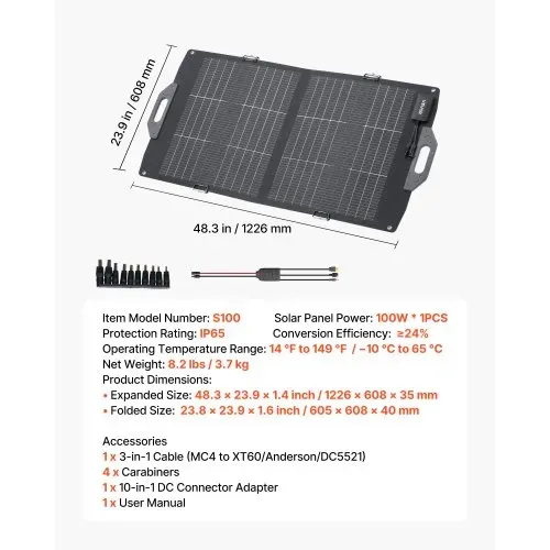 VEVOR Faltbares Solarpanel 100W, 16BB N-Typ Bifaziales Monokristallines Solarmodul mit Ladegerät, 24 % Wirkungsgrad, mit MC4-Ausgang, USB-A (QC3.0), Typ-C- & DC-Anschlüssen für Powerstations – Bild 6
