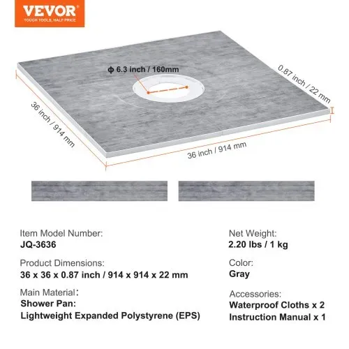 VEVOR Duschrand-Set, 914 x 914 x 22 mm, großes Duschwannen-Set mit 16 cm zentralem Abfluss, leichte EPS-Duschinstallations-Sets mit 2 wasserdichten Tüchern, Duschwannen-Neigungsstangen – Bild 6