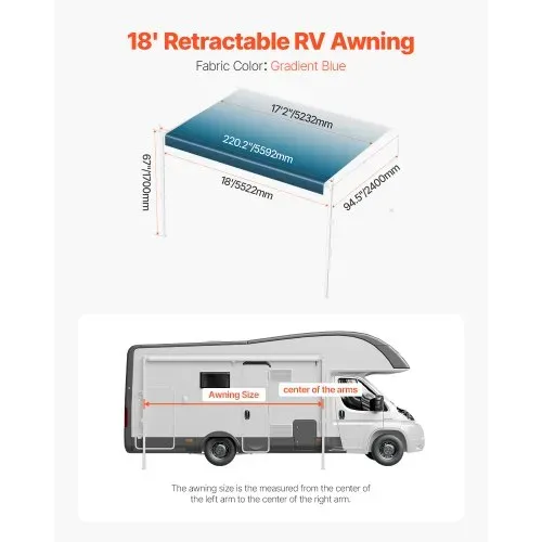 VEVOR Wohnwagen Markise einziehbare RV Markisen (548,64 cm) wasserdichte Wohnmobil-Markise mit Aluminiumlegierungsrahmen, Außenmarkise mit weißem Ständer und blauen Stoffen mit Farbverlauf – Bild 6