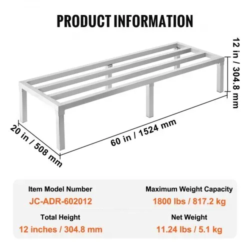 VEVOR Aluminium-Stauregal, 60 x 20 Zoll großes kommerzielles Bodenregal für Lebensmittel, 12 Zoll über dem Boden, 1800 lbs Tragkraft, komplett verschweißtes Aluminium-Lagerregal, zur Lagerung in Restaurants, Küchen, Garagen und Fahrzeugen – Bild 6