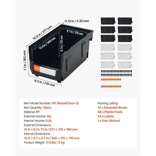 VEVOR Stapelboxen, 377 x 215 x 180 mm (12er-Pack), Sichtlagerboxen, Sichtlagerkasten zum Organisieren & Aufbewahren von Kleinteilen, Bürobedarf & anderem Zubehör, schwarz & transparent – Bild 6