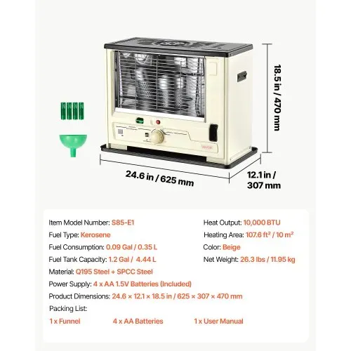 VEVOR Petroleumheizung 2930W Tragbare Petroleumofen 4,44L Ölheizung Beige, Heizkanone für Zuhause Camping Notfall, Max. 10 m², Sicherheitsgitter, Kippschutz, Flammenregulierung, mit Tankanzeige & Akku – Bild 6