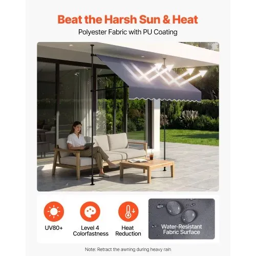 VEVOR Klemmmarkise 2 m, Höhenverstellbare Markise mit Handkurbel, Terrassenmarkise UPF 80+ Sonnenschutz, Sonnenmarkise, Balkonmarkise, Ideal für Terrasse, Balkon & Garten, Dunkelgrau – Bild 2