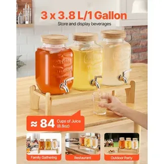 VEVOR Getränkespender (3 x 3,8 L) für Partys Saftspender (aus Glas) mit tropfsicherem Zapfhahn & Holzständer Wasserspender für Restaurants Partys, Limonade Eistee selbstgemachte Getränke Spender VEVOR Getränkespender (3 x 3,8 L) für Partys Saftspender (aus Glas) mit tropfsicherem Zapfhahn & Holzständer Wasserspender für Restaurants Partys, Limonade Eistee selbstgemachte Getränke Spender